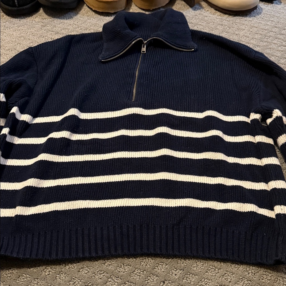 Hollister Navy and White Striped Sweater